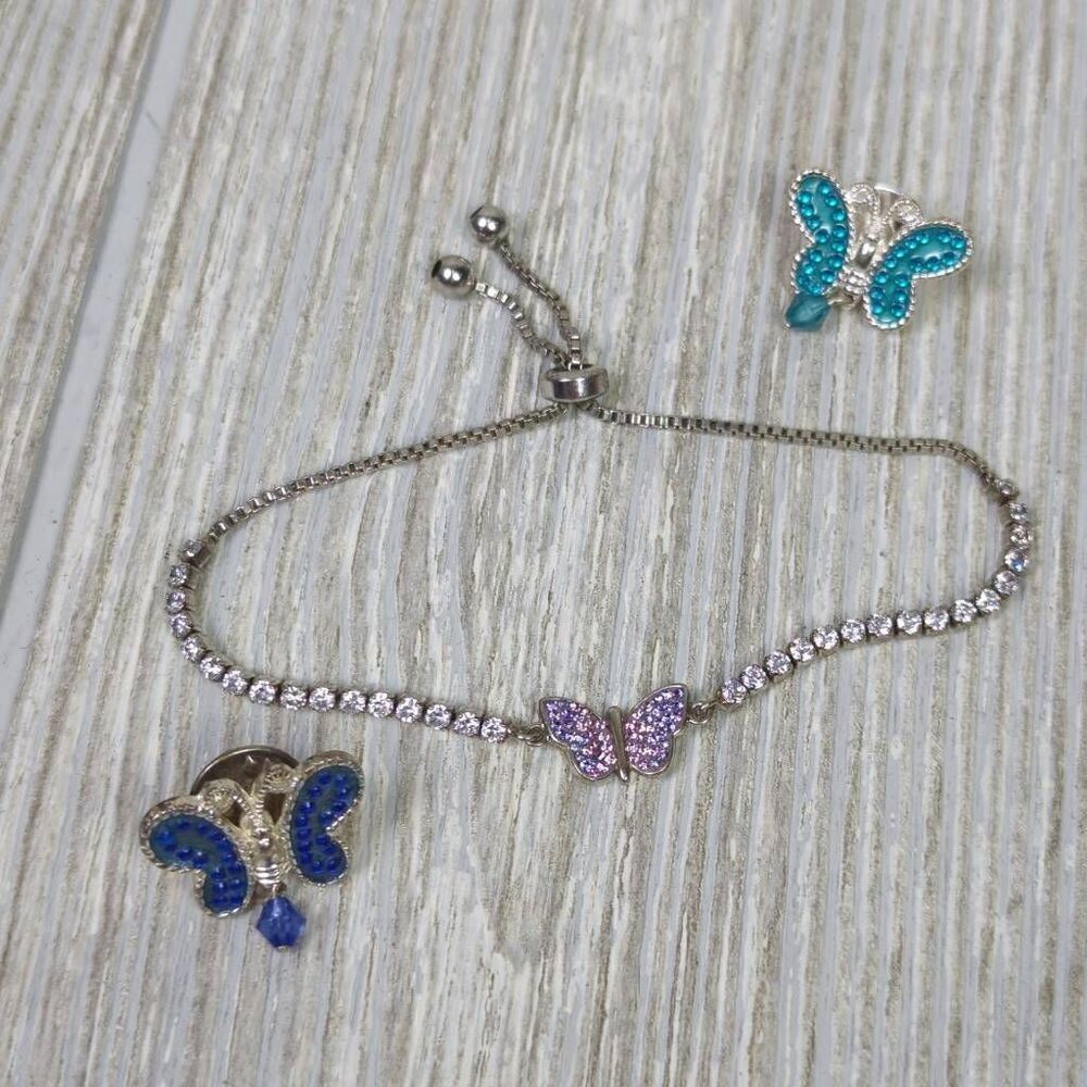 Women’s 3 Piece Silver Tone Bracelet Set With 2 Embellished Butterfly Pins Brooc